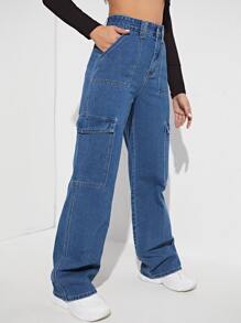 Jeans de talle alto con bolsillo lateral - Azul lavado medio - Ver 3