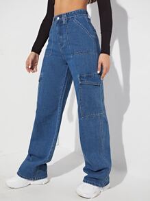 Jeans de talle alto con bolsillo lateral - Azul lavado medio - Ver 4