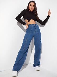 Jeans de talle alto con bolsillo lateral - Azul lavado medio - Ver 5