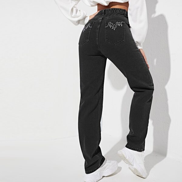 

Fire Embroidery Asymmetrical Waist Straight Jeans, Black
