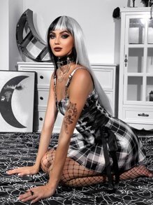 Gothic Plaid Lace Up Side O-ring Zipper Dress - Black and White - View 3