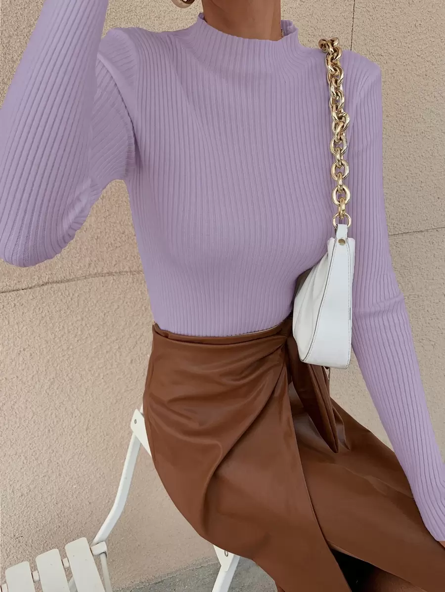 RueChic Mock Neck Ribbed Knit Solid Jumper - Lilac Purple - View 1