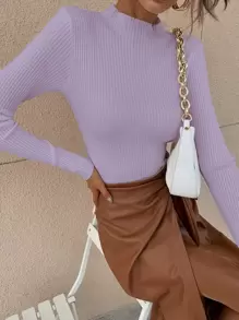 RueChic Mock Neck Ribbed Knit Solid Jumper - Lilac Purple - View 3