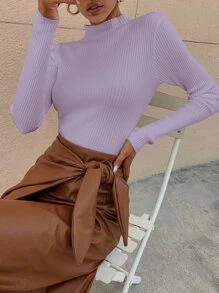 RueChic Mock Neck Ribbed Knit Solid Jumper - Lilac Purple - View 4