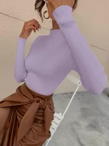 RueChic Mock Neck Ribbed Knit Solid Jumper - Lilac Purple - View 5