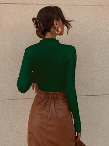 RueChic Mock Neck Ribbed Knit Solid Jumper - Dark Green - View 2
