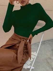 RueChic Mock Neck Ribbed Knit Solid Jumper - Dark Green - View 3