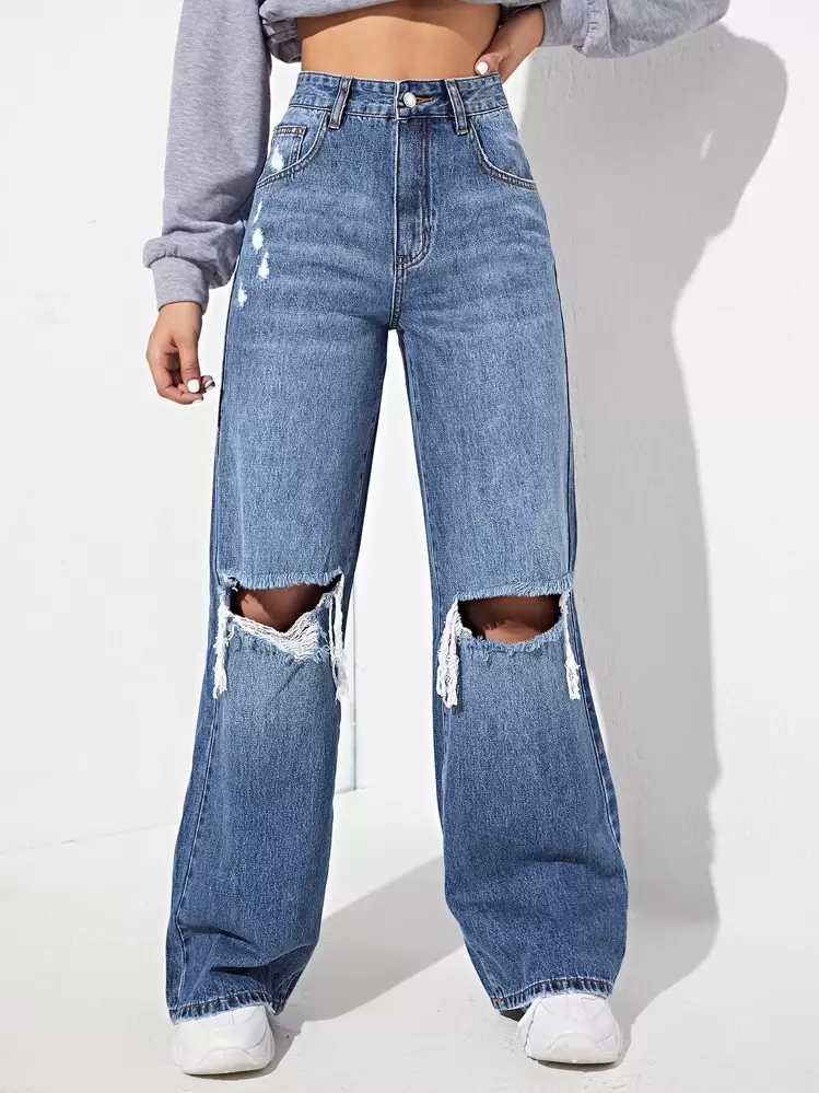 SHEIN EZwear High Waisted Ripped Wide Leg Jeans Y2k - Medium Wash - View 1