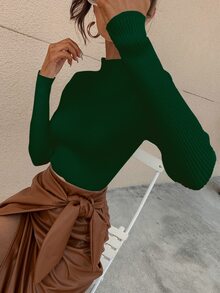 RueChic Mock Neck Ribbed Knit Solid Jumper - Dark Green - View 4