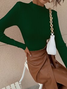 RueChic Mock Neck Ribbed Knit Solid Jumper - Dark Green - View 5