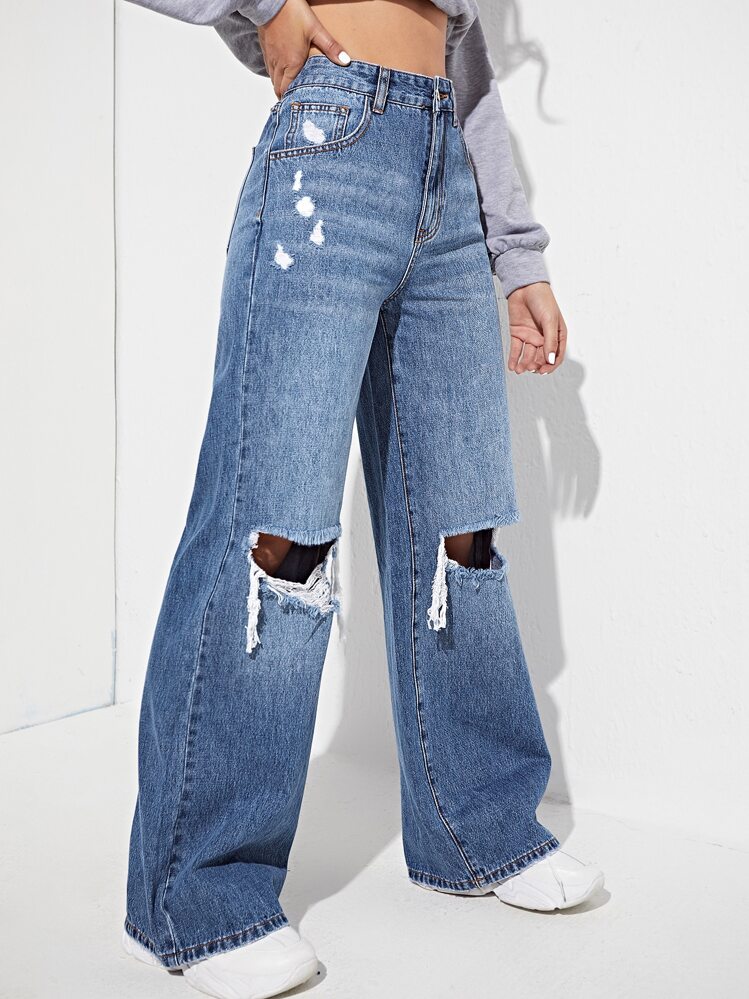SHEIN EZwear High Waisted Ripped Wide Leg Jeans Y2k - Medium Wash - View 3