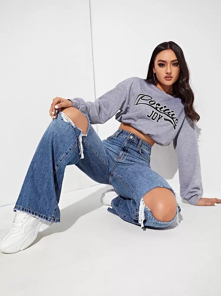 SHEIN EZwear High Waisted Ripped Wide Leg Jeans Y2k - Medium Wash - View 4