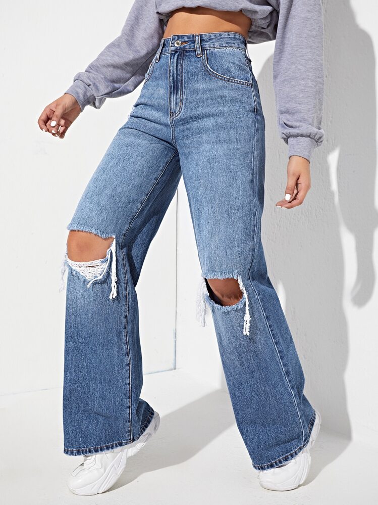 SHEIN EZwear High Waisted Ripped Wide Leg Jeans Y2k - Medium Wash - View 5