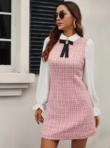 SHEIN Frenchy 前蝴蝶結荷葉袖粗花呢假兩件洋裝 - 粉色 - 查看 1