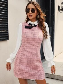 SHEIN Frenchy 前蝴蝶結荷葉袖粗花呢假兩件洋裝 - 粉色 - 查看 2