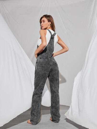 SHEIN Button Detail Straight Flakes Denim Overalls