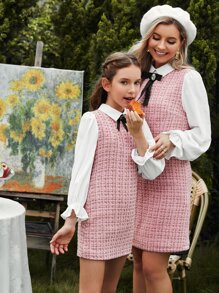 SHEIN Đầm Gái Nơ Bướm Xù Khối Màu Sọc ca rô Ăn mặc đẹp - Màu Hồng baby - Xem 3