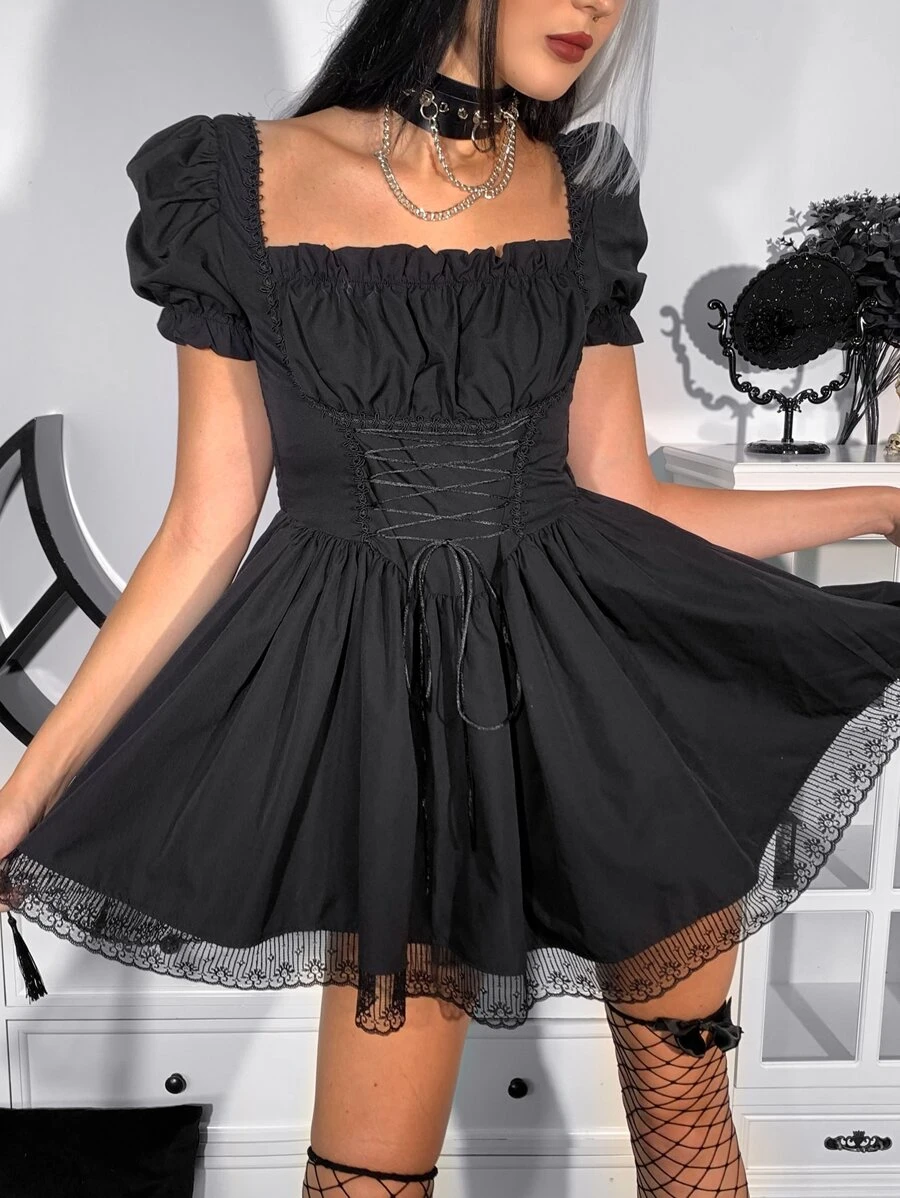 Gothic Square Neck Frill Trim Puff Sleeve Lace Up Front Dress - Black - View 1