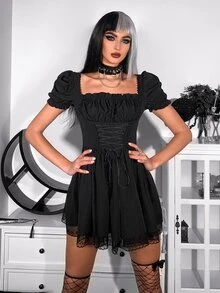 Gothic Square Neck Frill Trim Puff Sleeve Lace Up Front Dress - Black - View 4