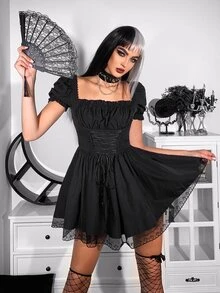 Gothic Square Neck Frill Trim Puff Sleeve Lace Up Front Dress - Black - View 5