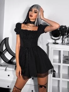Gothic Square Neck Frill Trim Puff Sleeve Lace Up Front Dress - Black - View 6