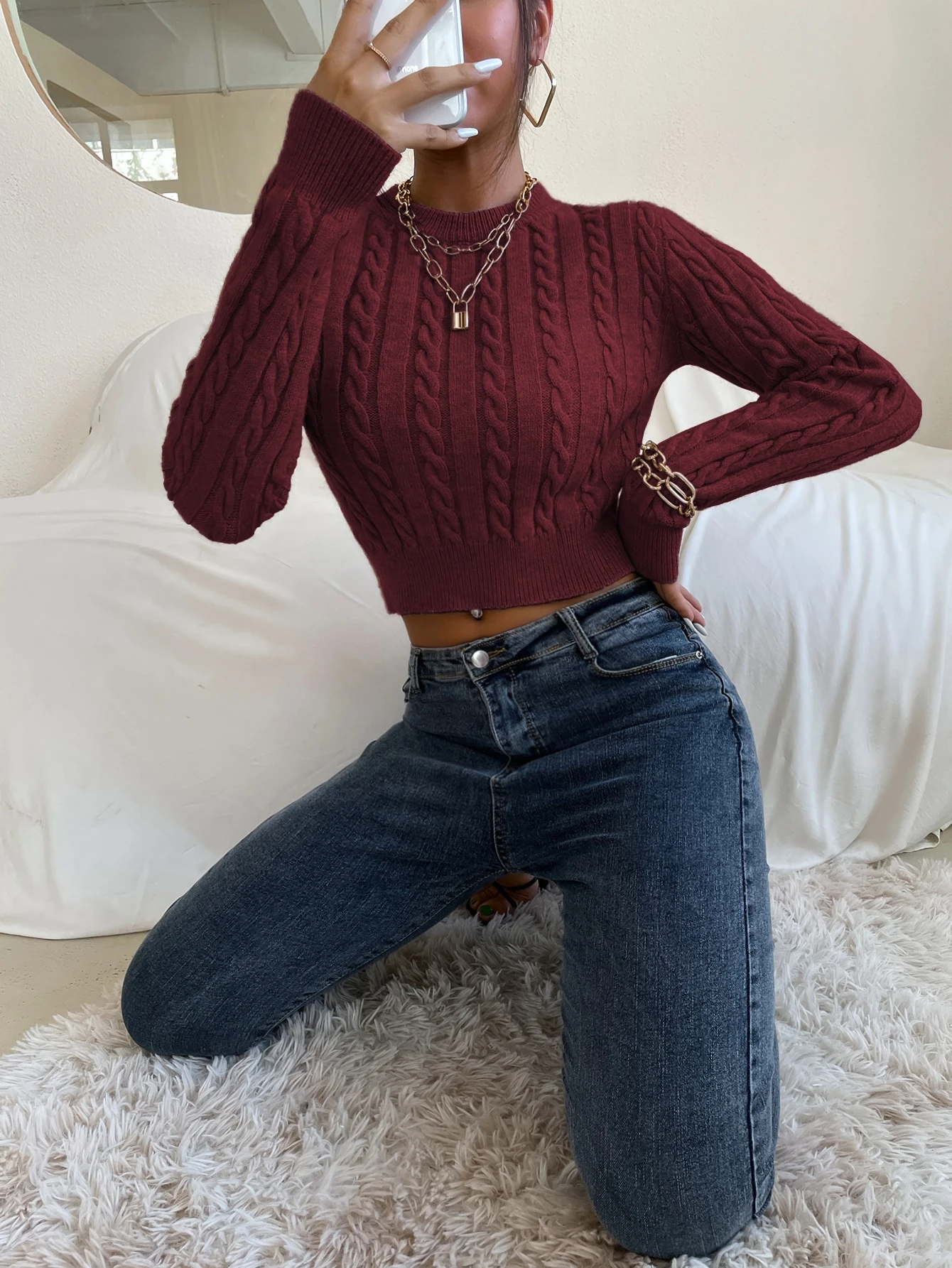 Maglione Cropped Donna Invernale Maglioni Corti Donna Invernali Pullover Donna Collo Alto Sweater Crop Maglione Trecce Corto Largo Donna Elegante Particolari Larghi Donna Maniche Lunghe Albicocca S