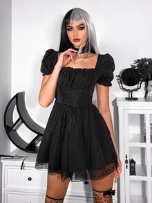 Gothic Square Neck Frill Trim Puff Sleeve Lace Up Front Dress - Black - View 7