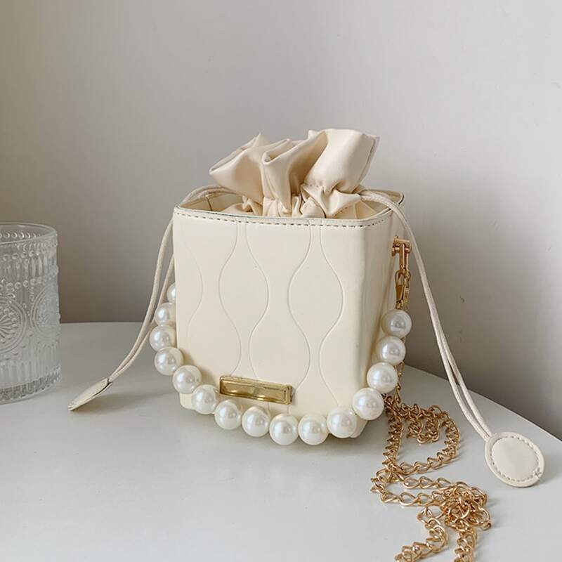 

Faux Pearl Beaded Drawstring Bucket Bag, White