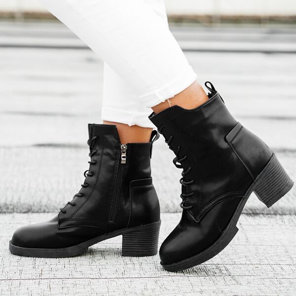

Minimalist Side Zipper Lace Up Front Combat Boots, Black