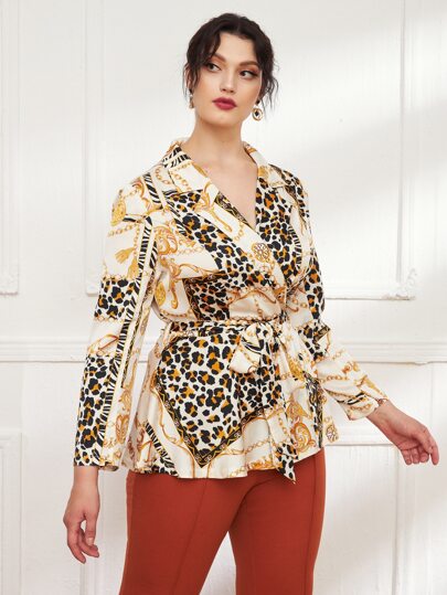 Mulvari Blusa con estampado de leopardo y cadena con cinturón de satén