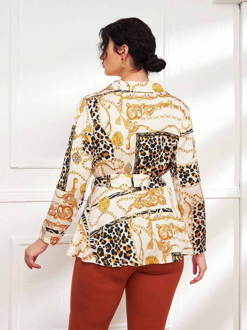Plus Leopard & Chain Print Belted Satin Blouse