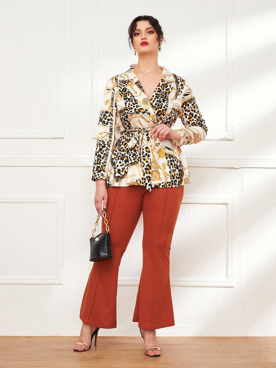 Plus Leopard & Chain Print Belted Satin Blouse