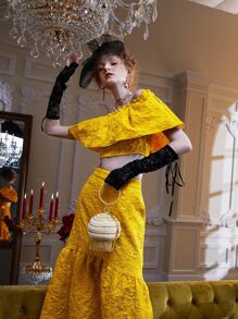 Dallas Shaw Off Shoulder Jacquard Frill Trim Top & Ruffle Hem Skirt - Yellow - View 1