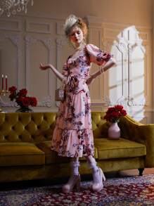 Dallas Shaw Floral Print Sweetheart Neck Lantern Sleeve Ruffle Hem Belted Dress - Multicolor - View 3