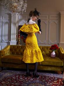 Dallas Shaw Off Shoulder Jacquard Frill Trim Top & Ruffle Hem Skirt - Yellow - View 2