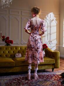 Dallas Shaw Floral Print Sweetheart Neck Lantern Sleeve Ruffle Hem Belted Dress - Multicolor - View 2