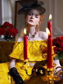 Dallas Shaw Off Shoulder Jacquard Frill Trim Top & Ruffle Hem Skirt - Yellow - View 3