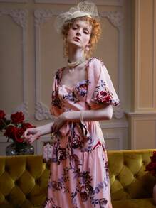 Dallas Shaw Floral Print Sweetheart Neck Lantern Sleeve Ruffle Hem Belted Dress - Multicolor - View 4