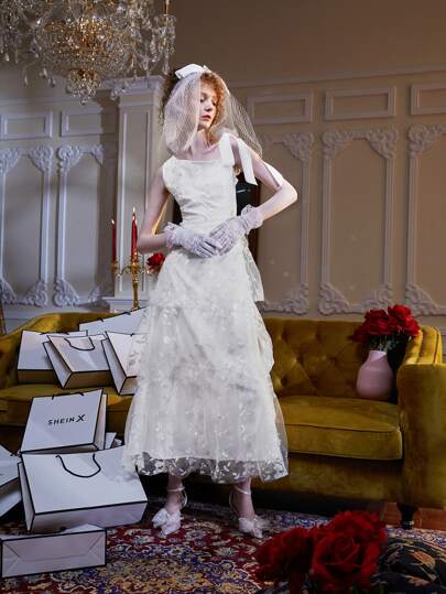 Aurelia Kristie Asymmetrical Neck Layered Hem Embroidery Mesh Dress