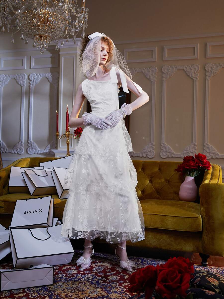 Aurelia Kristie Asymmetrical Neck Layered Hem Embroidery Mesh Dress - Beige - View 1