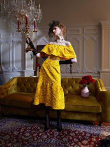 Dallas Shaw Off Shoulder Jacquard Frill Trim Top & Ruffle Hem Skirt - Yellow - View 5