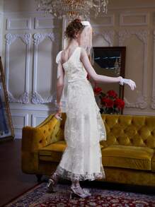 Aurelia Kristie Asymmetrical Neck Layered Hem Embroidery Mesh Dress - Beige - View 2