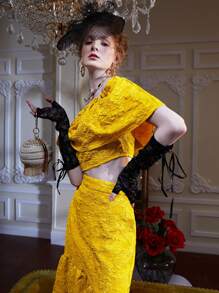 Dallas Shaw Off Shoulder Jacquard Frill Trim Top & Ruffle Hem Skirt - Yellow - View 6