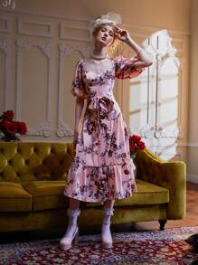 Dallas Shaw Floral Print Sweetheart Neck Lantern Sleeve Ruffle Hem Belted Dress - Multicolor - View 1