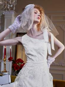 Aurelia Kristie Asymmetrical Neck Layered Hem Embroidery Mesh Dress - Beige - View 3