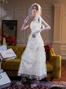 Aurelia Kristie Asymmetrical Neck Layered Hem Embroidery Mesh Dress - Beige - View 4