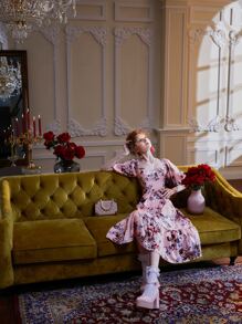 Dallas Shaw Floral Print Sweetheart Neck Lantern Sleeve Ruffle Hem Belted Dress - Multicolor - View 5