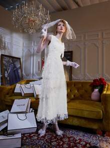 Aurelia Kristie Asymmetrical Neck Layered Hem Embroidery Mesh Dress - Beige - View 5