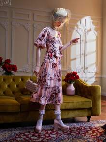 Dallas Shaw Floral Print Sweetheart Neck Lantern Sleeve Ruffle Hem Belted Dress - Multicolor - View 6