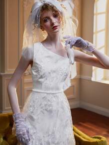 Aurelia Kristie Asymmetrical Neck Layered Hem Embroidery Mesh Dress - Beige - View 7